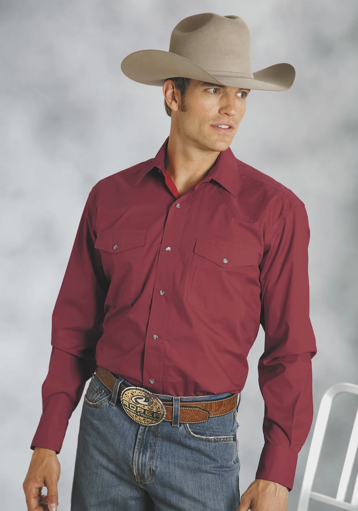 Men's Red Solid Long Sleeve Western Snap Shirt