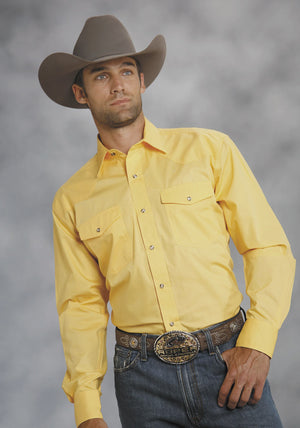 Men's Yellow Solid Long Sleeve Western Snap Shirt
