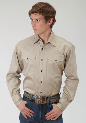 Men's Khaki Solid Long Sleeve Western Snap Shirt Tall Fit